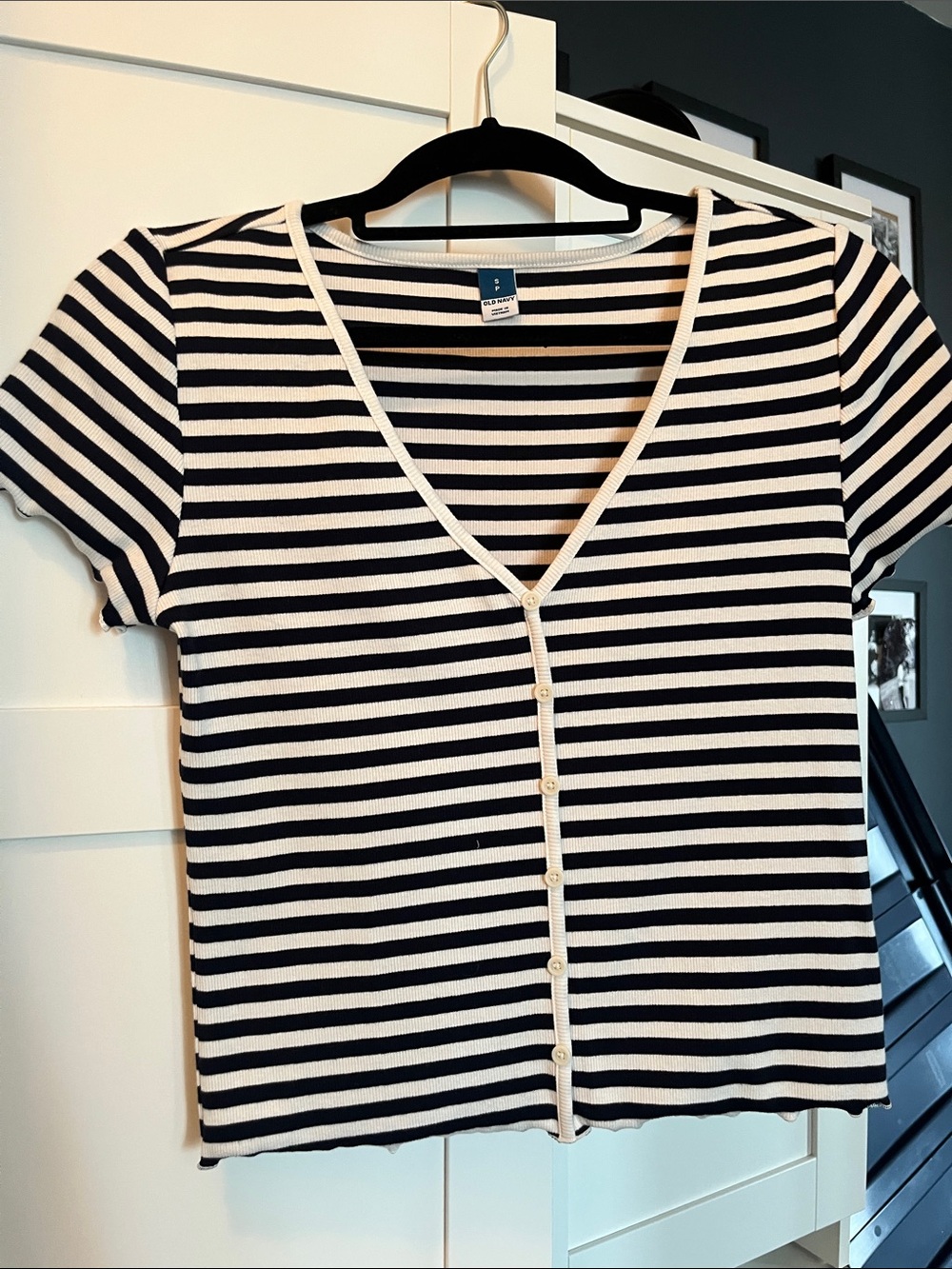 Old Navy Black & White Striped V-Neck Button Front Tee